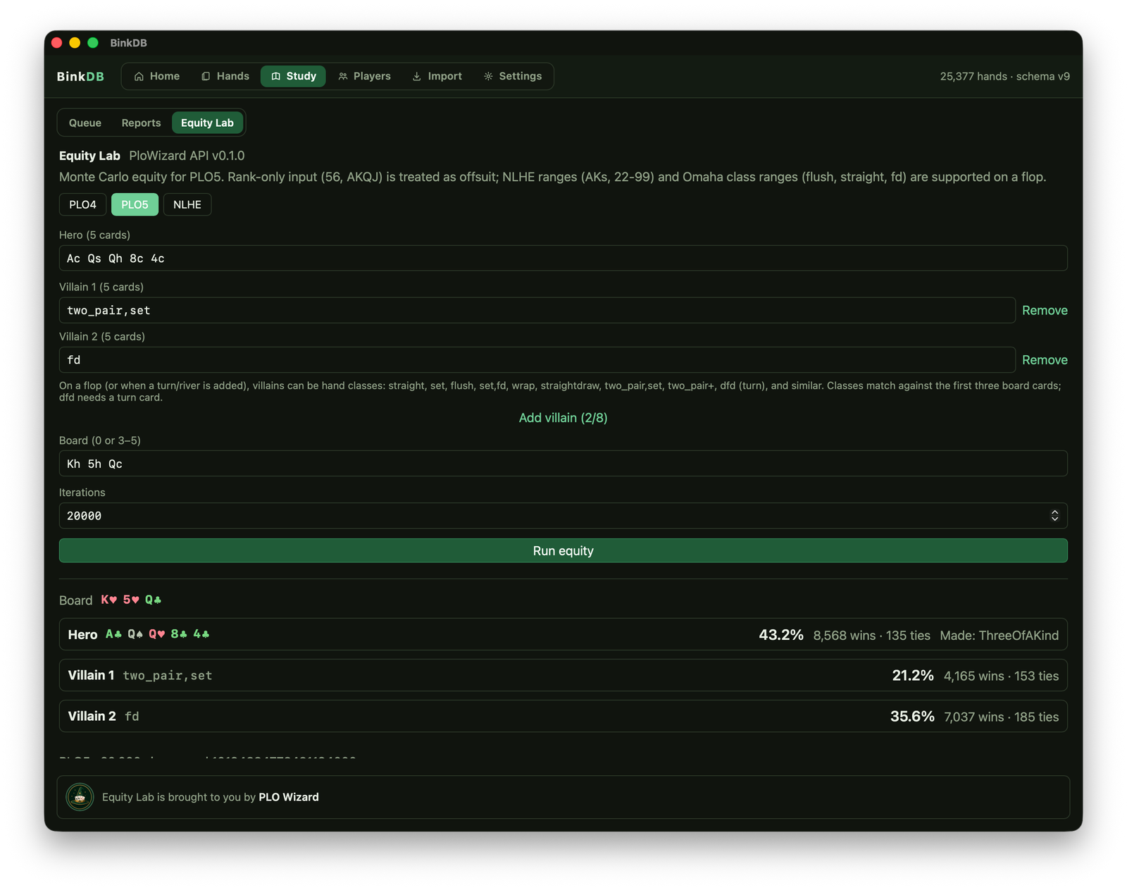 BinkDB Equity Lab with hero vs villains, board, iterations, and equity results for PLO or NLHE