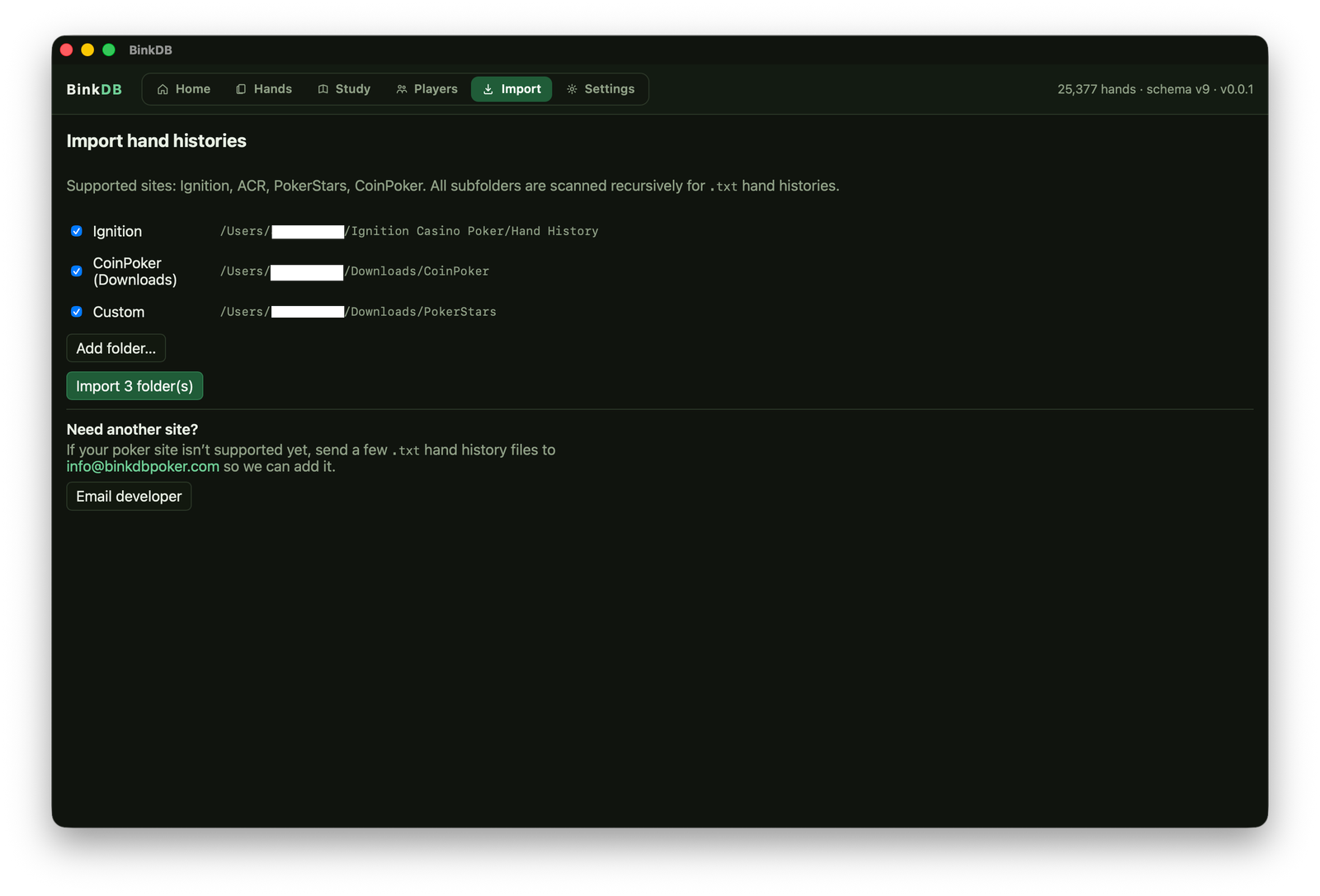 BinkDB first-run import wizard with default hand-history folders